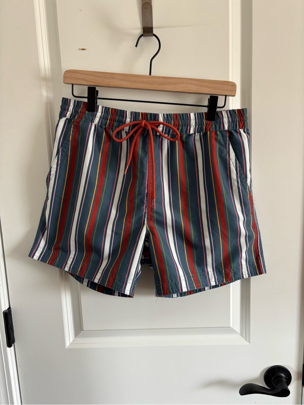 Striped Men’s Swim Trunks with Red Drawcord